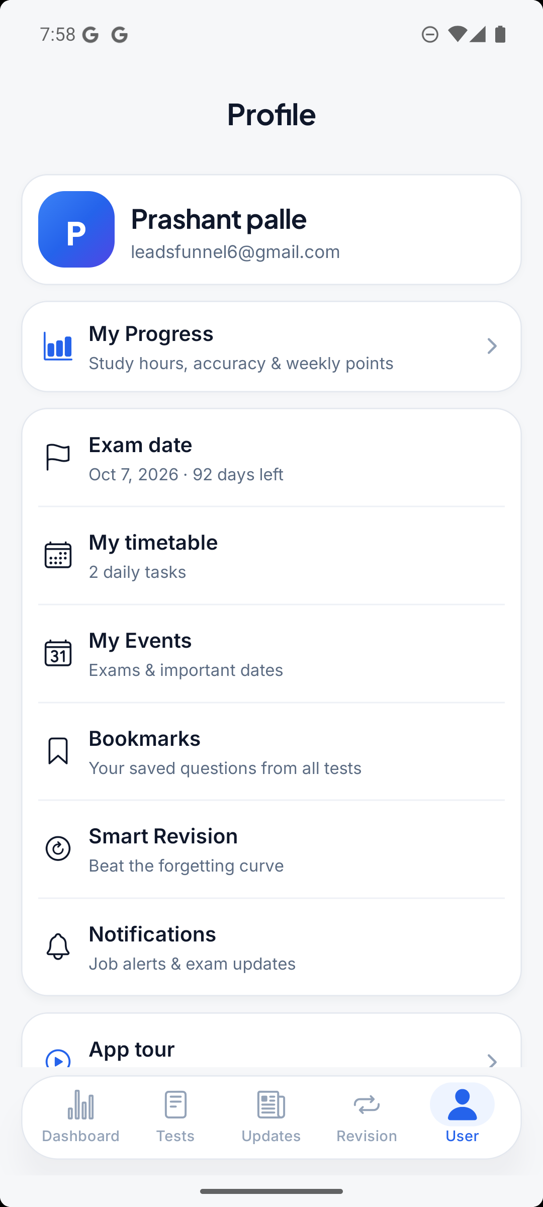 User profile and progress