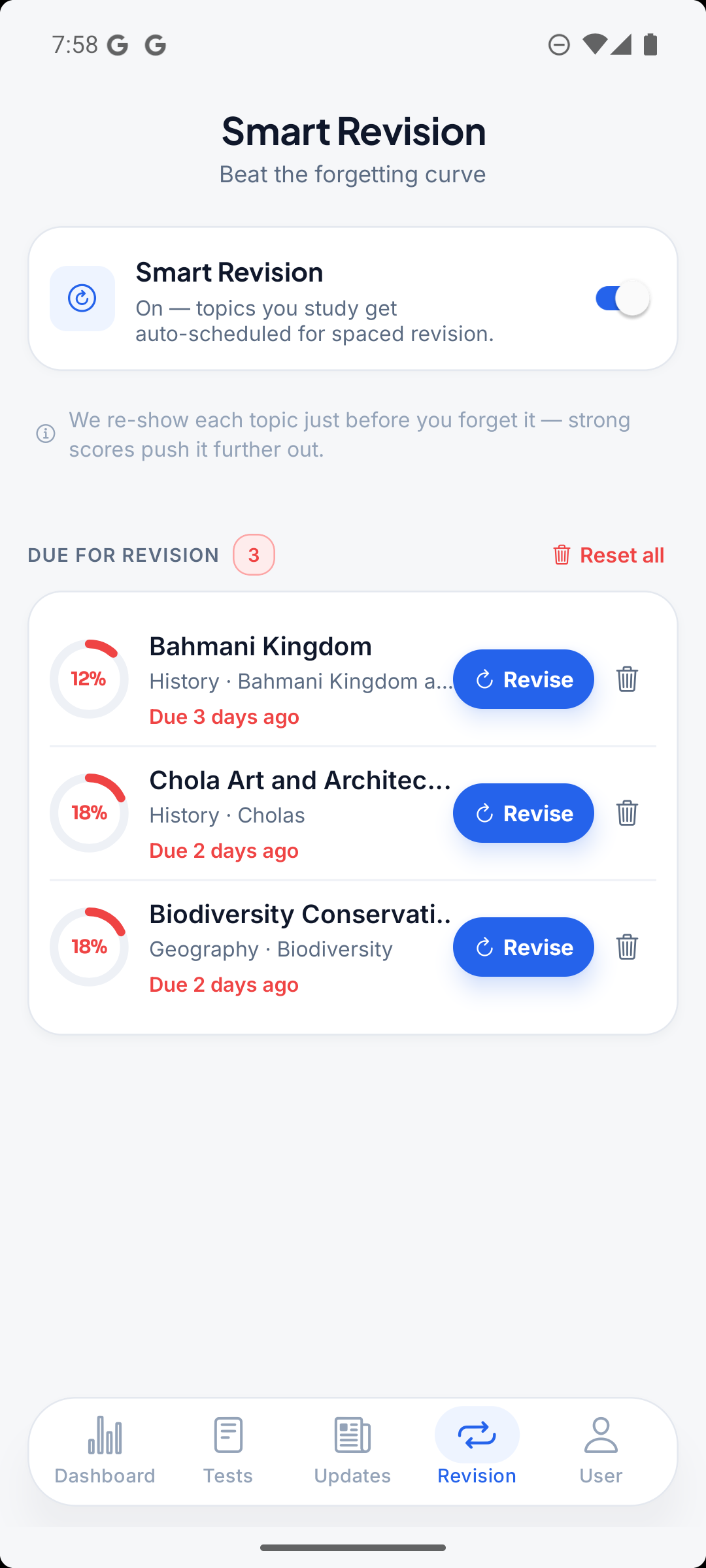 Smart Revision screen